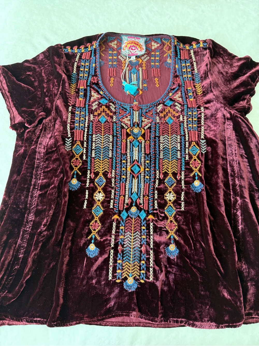 Johnny Was rich burgundy velvet embroidered tunic Size Large D88